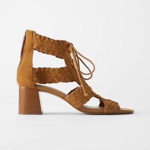 NWT Zara Leather Sandals Heel Woven Tie